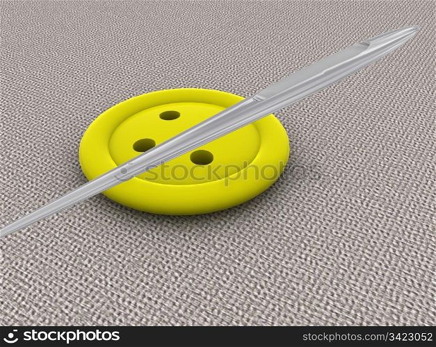yellow button and needle. 3D