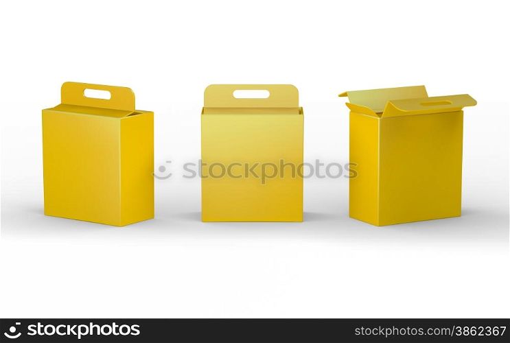 Yellow cardboard paper box packaging with handle, clipping path included&#xA;
