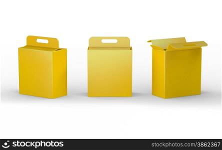 Yellow cardboard paper box packaging with handle, clipping path included&#xA;