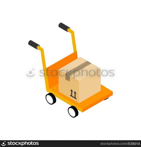 Yellow cart with cardboard box icon in isometric 3d style on a white background. Yellow hand cart with cardboard box icon