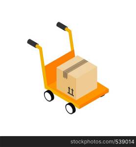 Yellow cart with cardboard box icon in isometric 3d style on a white background. Yellow hand cart with cardboard box icon