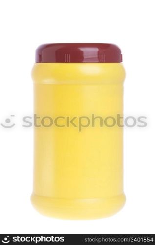 yellow chocolate powder plastic bottle brown cap isolated on white background