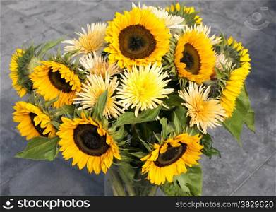 yellow chrysanteum and sunflowers bouquet
