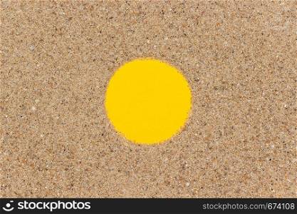 Yellow circle frame shape and sea sand. Template mockup for your design.. Yellow circle frame shape and sea sand. Template mockup for your design