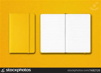 Yellow closed and open lined notebooks mockup isolated on colorful background. Yellow closed and open lined notebooks isolated on colorful background