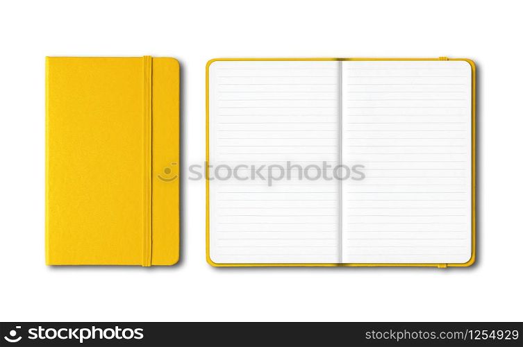 Yellow closed and open lined notebooks mockup isolated on white. Yellow closed and open lined notebooks isolated on white