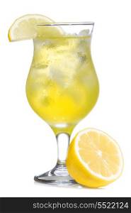yellow cocktail with lemon on white background
