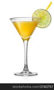 Yellow cocktail with lime isolated on white