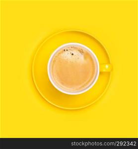 Yellow coffee cup on yellow background, flat lay, square composition. Yellow coffee cup on yellow background, flat lay