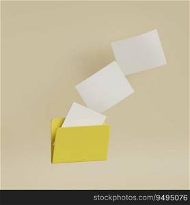 Yellow computer folder with flying blank documents. Copy files. 3d render illustration