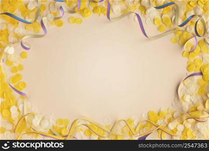 yellow confetti ribbons copy space top view
