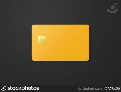 Yellow credit card template isolated on a black background. 3D illustration. Yellow credit card on a black background