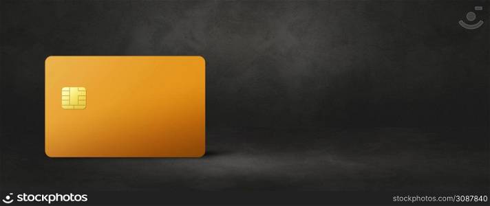 Yellow credit card template on a black concrete background banner. 3D illustration. Yellow credit card on a black concrete background