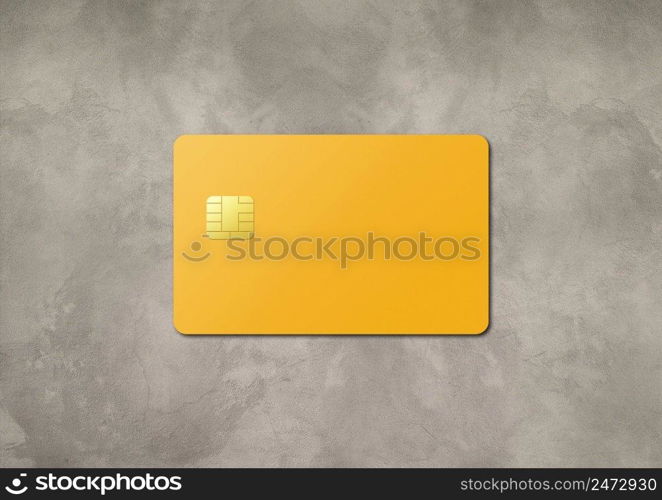 Yellow credit card template on a concrete background. 3D illustration. Yellow credit card on a concrete background