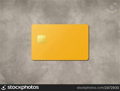 Yellow credit card template on a concrete background. 3D illustration. Yellow credit card on a concrete background