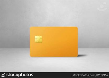 Yellow credit card template on a white concrete background. 3D illustration. Yellow credit card on a white concrete background