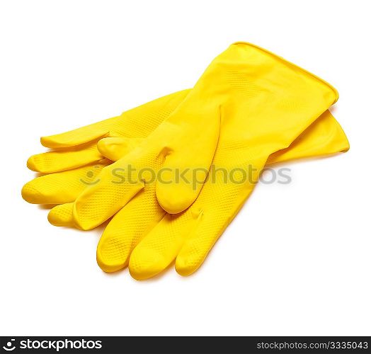 Yellow dish gloves isolated on white background with soft shadow,selective focus