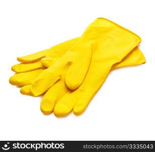 Yellow dish gloves isolated on white background with soft shadow,selective focus