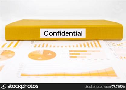 Yellow document binder with Confidential word place on graph analysis, charts and undisclosed reports