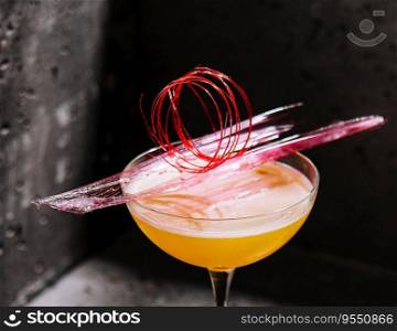 yellow drink in glass on high stem