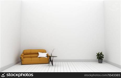 Yellow fabric sofa and plants on empty white wall .3D rendering