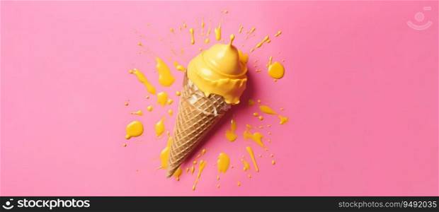 Yellow fallen ice cream on pink background