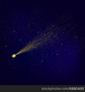 Yellow Falling Star on Blue Night Sky Background. Shooting Stars on Nignt Sky. Meteor Shower.. Yellow Falling Star. Meteor Shower.