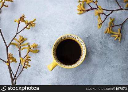 Yellow flowers kangaroo legs on marbled background and cup of yellow coffee