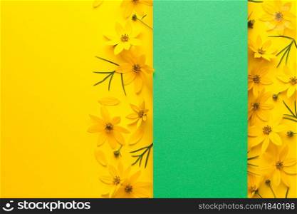 Yellow flowers layout with green banner on paper background. Threadleaf zagreb (coreopsis verticillata). Copy space. View from above, flat lay. Flowers layout with banner on paper background