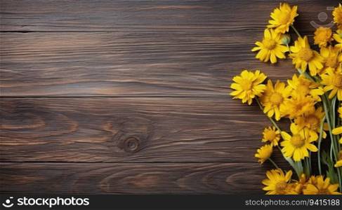 Yellow flowers on brown wooden background. Top view with©space.