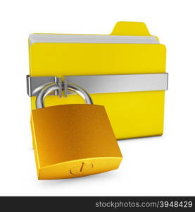 Yellow folder and a metal lock on a white background