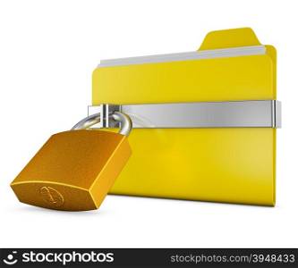 Yellow folder and a metal lock on a white background
