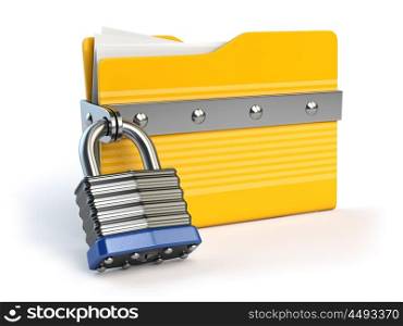 Yellow folder and lock. Data and privacy security concept. Information protection. 3d illustration
