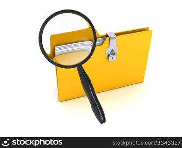 Yellow folder with Magnifier over white background. computer generated image