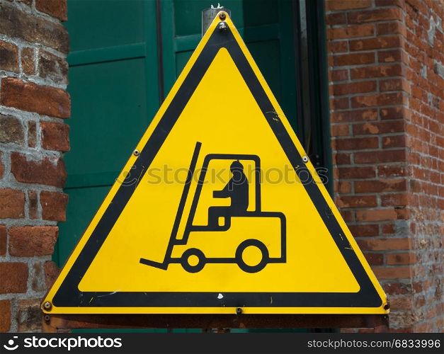 Yellow Fork Lift Truck Operating Warning Sign, Transportation Concept