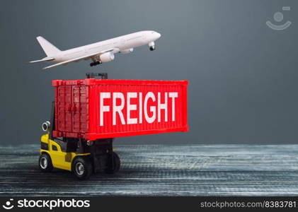 Yellow forklift carries red container and freight plane. International transportation logistics infrastructure, import export of goods products. Warehousing. Cargo transit. Air transportation