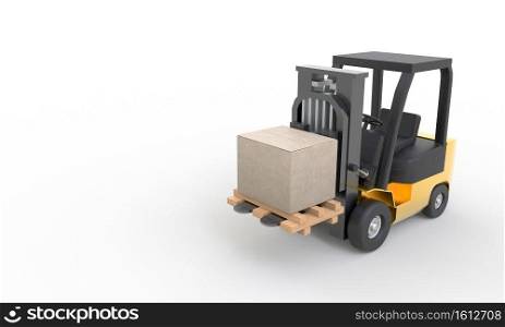Yellow forklift moving and lifting up cardboard box pallet on white background. Transportation and Industrial concept. Shipment and delivery storage. Copy space. 3D illustration rendering