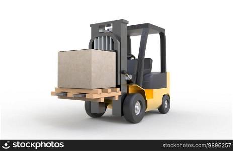 Yellow forklift moving and lifting up cardboard box pallet on white background. Transportation and Industrial concept. Shipment and delivery storage. 3D illustration rendering