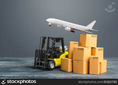 Yellow Forklift truck and cardboard boxes and freight plane. Production, transport, cargo storage. Freight shipping. retail. Transportation logistics infrastructure, import and export goods delivery.