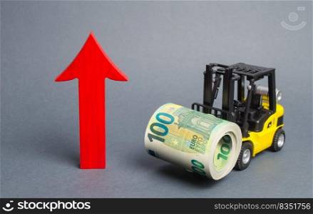 Yellow Forklift truck carries a big bundle of Euros and red arrow up. Economic reforms, emerging markets. Growth of income and profit. progress of industrial and logistics industries, wage growth