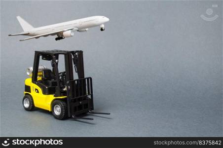 Yellow forklift truck on gray background. Warehouse equipment, vehicle. Logistics and transport infrastructure, industry and agriculture. Unloading, transportation, sorting, loading cargo.