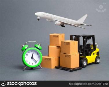 Yellow Forklift truck with cardboard boxes, a airmail plane and a alarm clock. Express delivery concept. Temporary storage, limited offer and discount. Optimization of logistics. Distribution