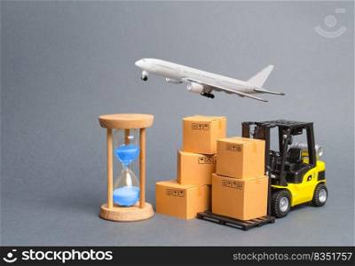 Yellow Forklift truck with cardboard boxesa airmail plane and a sand hourglass. Express delivery concept. Optimization of logistics, improving efficiency. Temporary storage, limited offer Distribution