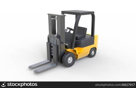 Yellow forklift with empty fork parking on white background. Transportation and Industrial concept. Shipment and delivery storage. 3D illustration rendering