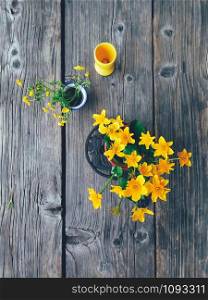 Yellow fresh wild flowers in colorful ceramic vase, on wooden veranda background. Still life in rustic style. Close up Top view. Spring or summer in garden, countryside lifestyle concept. Copy space