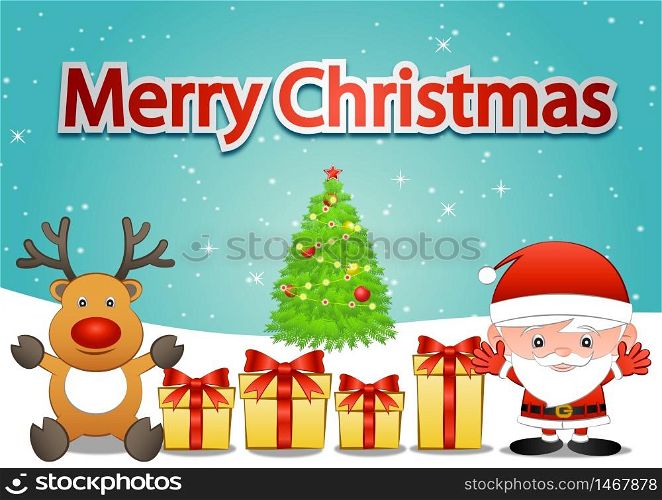 yellow Gift box nearby Santa Claus and reindeer,behind are tree,snow decorate with ball,cartoon version,vector illustration