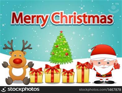 yellow Gift box nearby Santa Claus and reindeer,behind are tree,snow decorate with ball,cartoon version,vector illustration