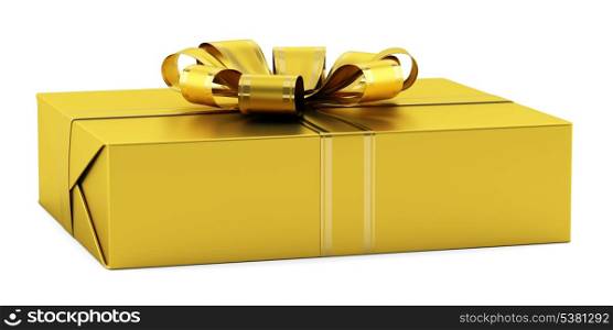 yellow gift box with golden ribbon isolated on white background