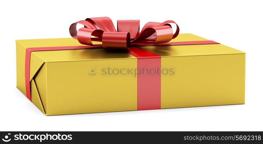 yellow gift box with red ribbon isolated on white background
