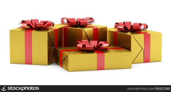 yellow gift boxes with red ribbons isolated on white background